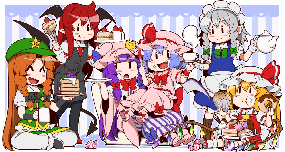 5girls :d ^_^ bat_wings blonde_hair blue_hair blush_stickers bow braid brown_hair c: cake candy chibi chocolate_bar closed_eyes crescent cup doughnut eating eichi_yuu fang flandre_scarlet food food_on_face hair_bow hair_ornament hair_ribbon hat holding hong_meiling izayoi_sakuya koakuma long_hair maid mob_cap muffin mug multiple_girls open_mouth patchouli_knowledge pocky pointy_ears purple_hair redhead remilia_scarlet ribbon short_hair side_ponytail silver_hair sitting sitting_on_person smile strawberry_shortcake tail teacup teapot touhou twin_braids wings |_|