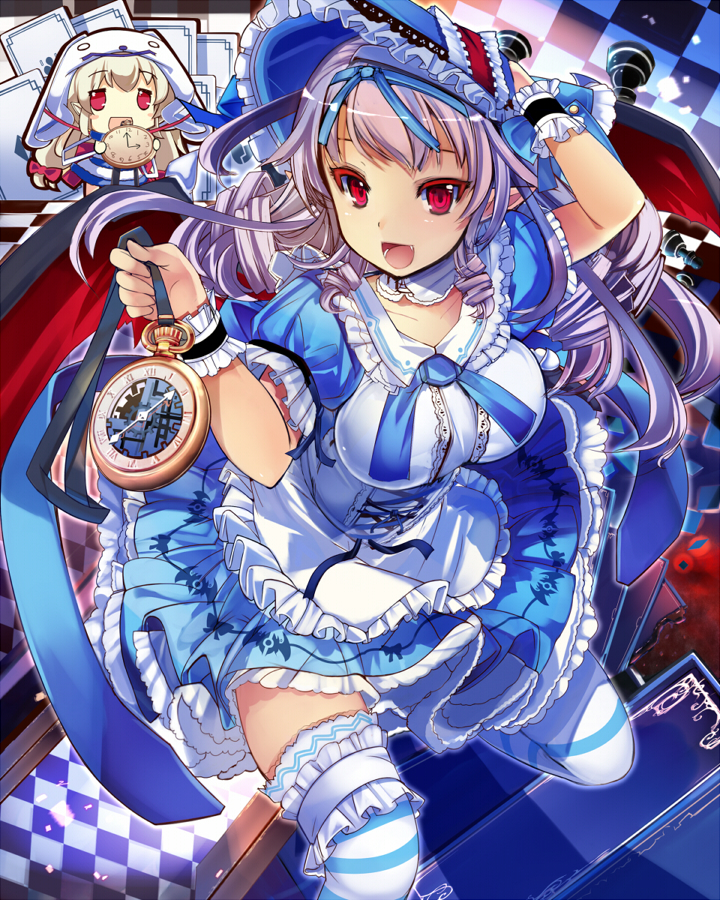 1girl 2girls alice_in_wonderland checkered chess_piece chessboard chibi detached_collar dress frilled_dress frills hairband hand_on_headwear hat makai_touitsu_chaos_blade multiple_girls naaamo open_mouth original pocket_watch pointy_ears puffy_short_sleeves puffy_sleeves purple_hair red_eyes short_sleeves sitting solo solo_focus striped striped_legwear thigh-highs watch zettai_ryouiki