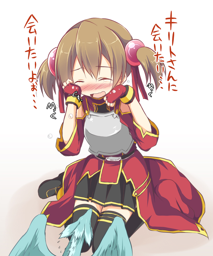 1girl akane_souichi black_legwear blush breastplate brown_hair crying dragon fingerless_gloves gloves open_mouth pina_(sao) pleated_skirt short_hair short_twintails silica sitting skirt solo_focus sword_art_online thigh-highs translation_request twintails wariza wavy_mouth