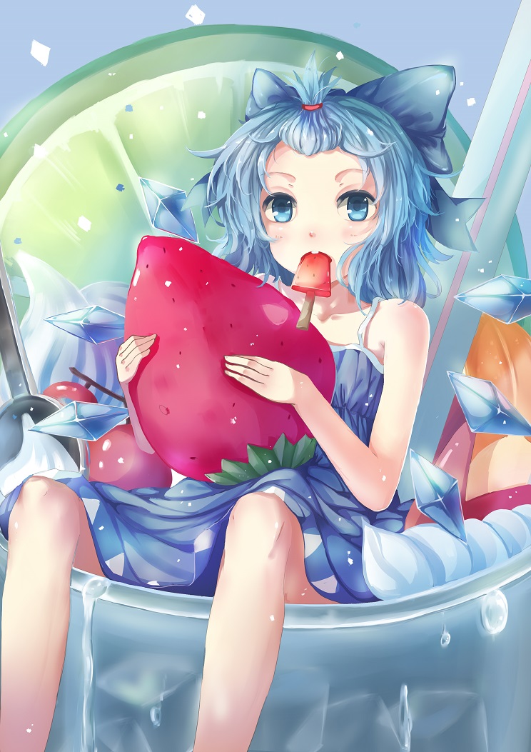 1girl adapted_costume bare_arms bare_shoulders blue_dress blue_eyes blue_hair cherry cirno dress food fruit hair_bobbles hair_ornament ice ice_cream ice_wings lemon lemon_slice looking_at_viewer minigirl mouth_hold popsicle sleeveless sleeveless_dress solo strawberry sundae teeth_(artist) touhou whipped_cream wings