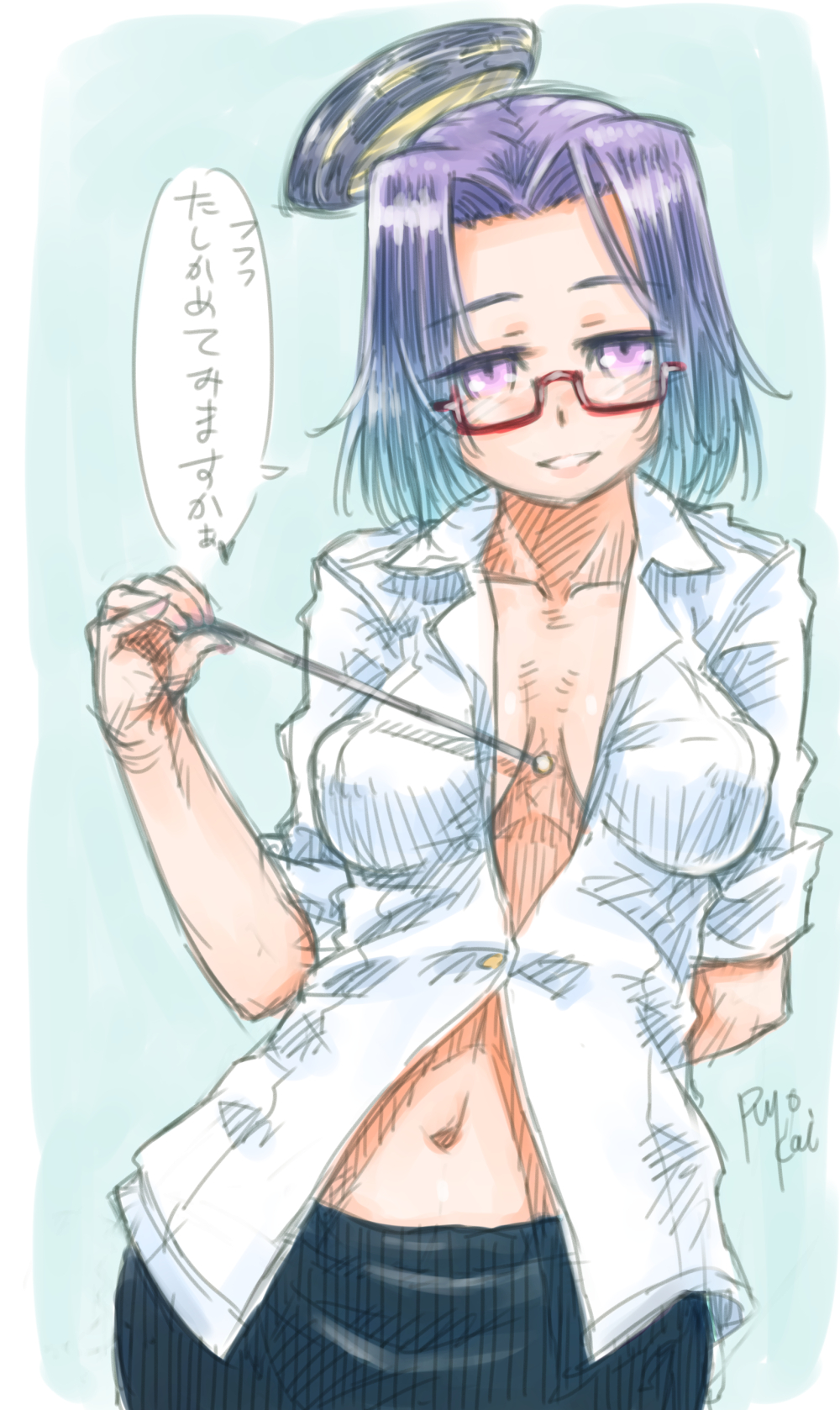 1girl bespectacled blush breasts cleavage glasses highres large_breasts pencil_skirt pointer ryou_(shirotsumesou) skirt smile solo tatsuta_(kantai_collection) teacher teaching translation_request