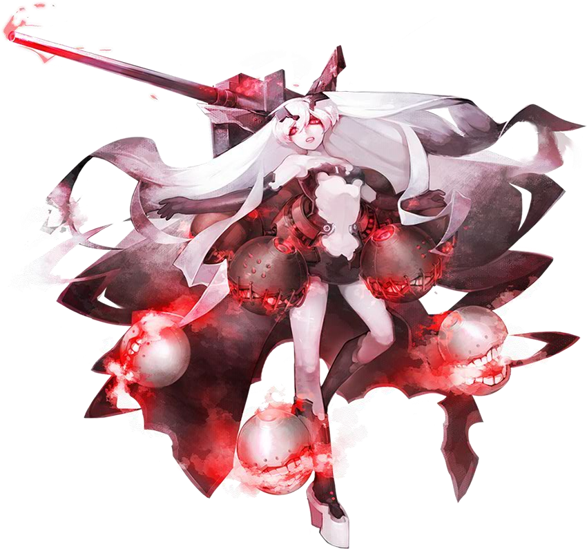 1girl akira_(kadokawa) anchorage_hime black_gloves breasts cleavage elbow_gloves full_body gloves kantai_collection leg_up long_hair machinery official_art platform_footwear red_eyes solo transparent_background turret under_boob very_long_hair white_hair white_skin