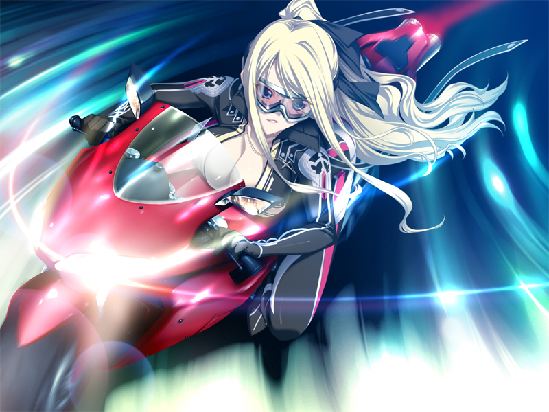 1girl blonde_hair blue_eyes bodysuit breasts cleavage cross cross_necklace goggles laila_lia_sorel long_hair motor_vehicle motorcycle ponytail racing_suit shiden_enkan_no_kizuna vehicle