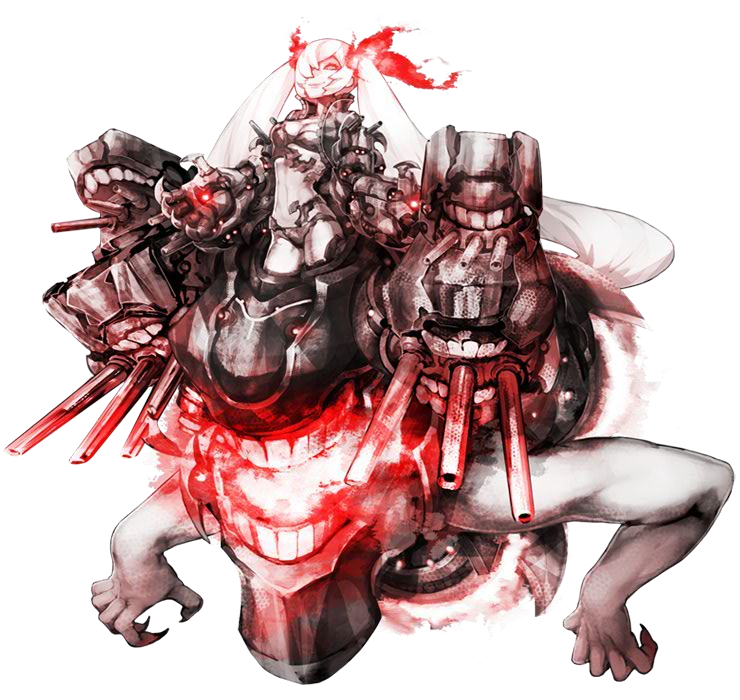 1girl akira_(kadokawa) breasts cleavage fire full_body gauntlets hair_over_one_eye jacket kantai_collection long_hair machinery monster navel official_art red_eyes shinkaisei-kan smile smirk solo southern_ocean_war_oni transparent_background turret twintails very_long_hair white_hair white_skin