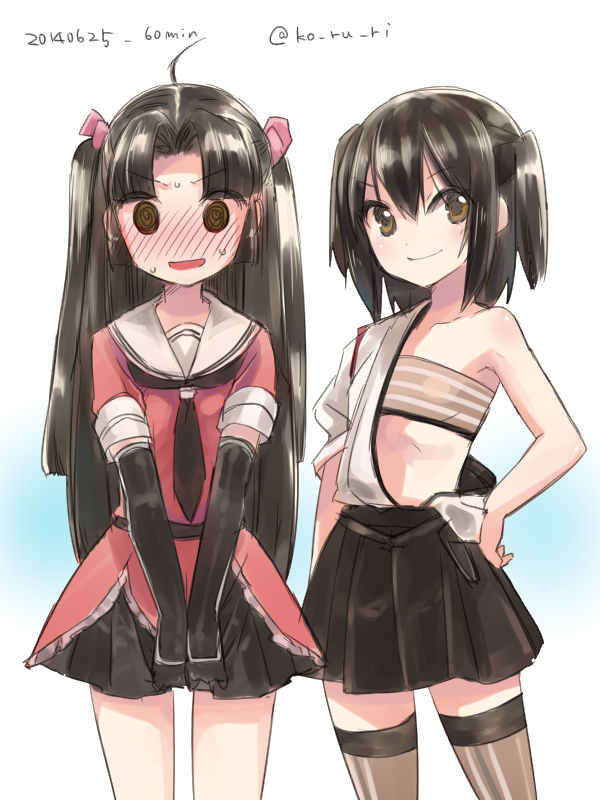 2girls @_@ ahoge blush brown_eyes brown_hair cosplay costume_switch crazy_eyes elbow_gloves gloves hair_ribbon hand_on_hip kantai_collection ko_ru_ri looking_at_viewer multiple_girls open_mouth ribbon sendai_(kantai_collection) sendai_(kantai_collection)_(cosplay) shouhou_(kantai_collection) shouhou_(kantai_collection)_(cosplay) smile sweatdrop thigh-highs twintails v_arms