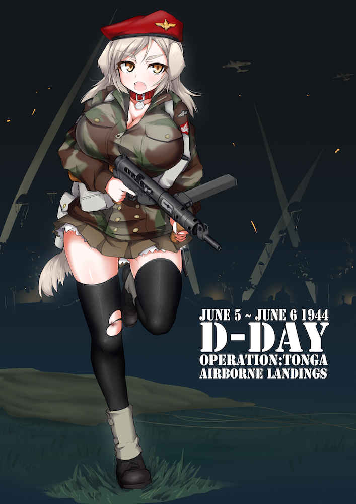 1girl airplane animal_ears beret black_boots black_legwear boots breasts british bruise buttons camouflage camouflage_skirt cleavage collar curvy d-day dog_collar dog_ears dog_tail english fangs firearm grass gun hat historical_event holding_gun holding_weapon injury jacket large_breasts leg_up long_hair long_sleeves military military_uniform night night_sky ogitsune_(ankakecya-han) open_mouth operation_tonga original outdoors parachute pocket real_life silver_hair skirt sky solo tail text thigh-highs torn_clothes torn_thighhighs trigger_discipline uniform weapon world_war_ii yellow_eyes zettai_ryouiki zipper