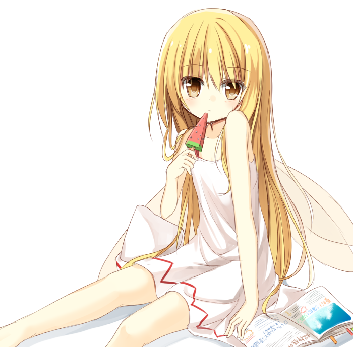 1girl adapted_costume bare_arms bare_shoulders blonde_hair book dress fairy_wings hat hat_removed headwear_removed lily_white long_hair looking_at_viewer open_book popsicle sitting sleeveless sleeveless_dress solo sundress touhou very_long_hair watermelon_bar white_dress wings yellow_eyes yuuhagi_(amaretto-no-natsu)