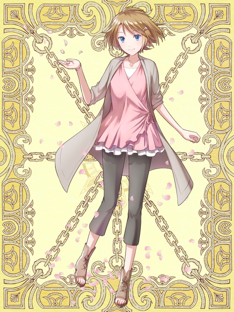 1girl bangs black_pants blue_eyes breasts brown_footwear brown_hair chain closed_mouth commentary_request dress frilled_dress frills full_body hair_ornament hairclip jewelry kerberos_blade looking_at_viewer natsuya_(kuttuki) necklace pants petals pink_dress shirt shoes short_dress short_hair small_breasts smile solo toeless_footwear white_shirt yellow_background