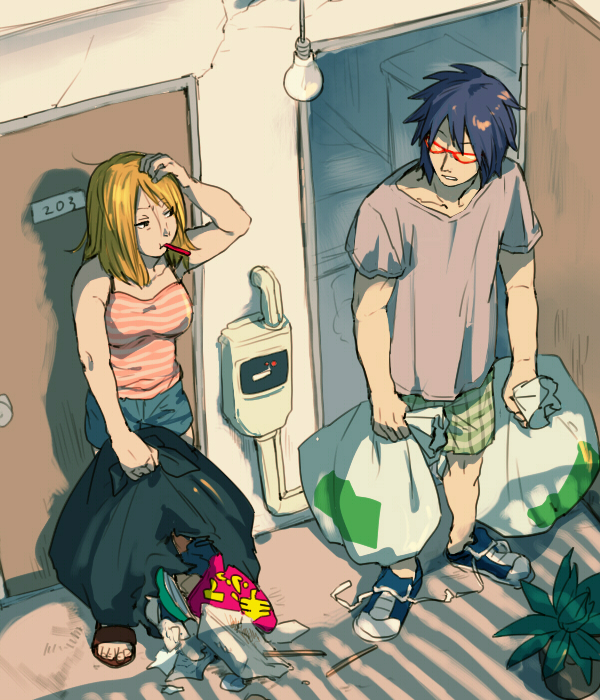 1boy 1girl blonde_hair blue_hair character_request copyright_request door dual_wielding from_above lightbulb looking_at_another open_door plant potted_plant sandals shirt shorts standing striped striped_shirt sunglasses t_k_g tagme tank_top toothbrush_in_mouth trash trash_bag untied_shoes