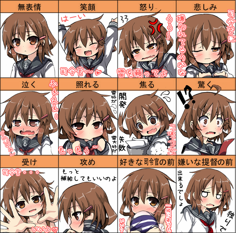 1girl ^_^ ahoge anger_vein arms_up bare_shoulders blush brown_eyes brown_hair bust chart closed_eyes expressions fang flat_gaze hair_ornament hairclip ikazuchi_(kantai_collection) kantai_collection neckerchief off_shoulder one_eye_closed open_mouth oshiruko_(uminekotei) pout school_uniform serafuku short_hair smile solo tears translation_request