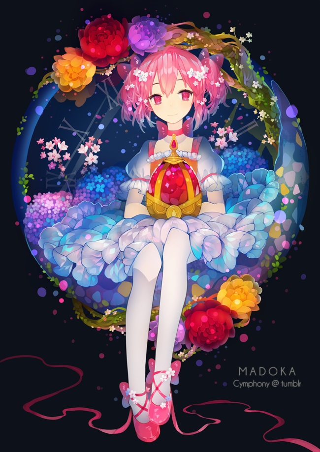 1girl artist_name bow bubble_skirt character_name choker cymphonia flower_request gloves hair_bow kaname_madoka magical_girl mahou_shoujo_madoka_magica oversized_object pantyhose pink_eyes pink_hair short_hair short_twintails solo soul_gem twintails white_gloves white_legwear