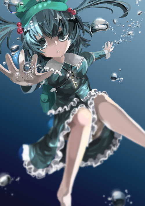 1girl bare_legs barefoot blue_hair bubble dress hair_bobbles hair_ornament hands_up hat kawashiro_nitori key legs long_sleeves open_mouth outstretched_arms pocket shirt short_hair skirt skirt_set solo touhou twintails underwater wet wet_clothes