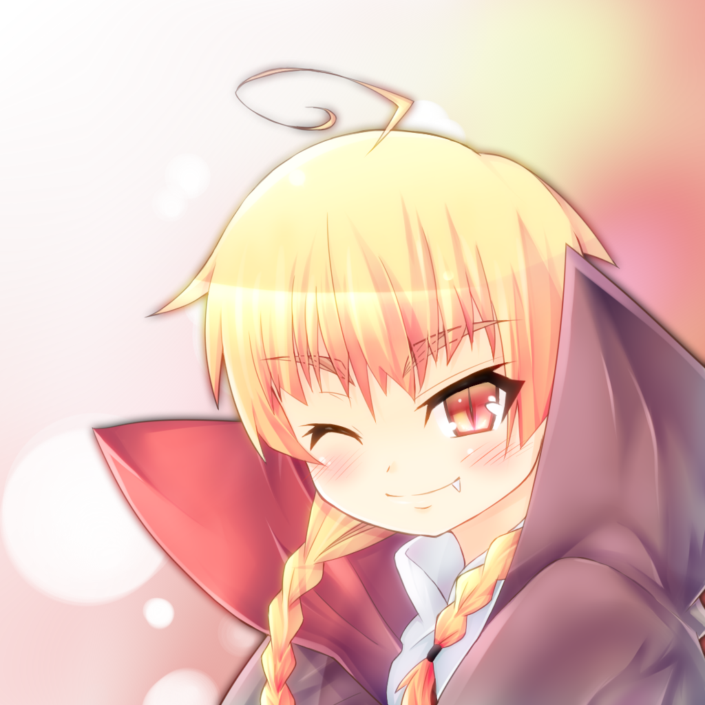 1girl ;) ahoge artist_request blonde_hair blush braid cape elika_drakul_draupnils eyebrows fang high_collar lotte_no_omocha! one_eye_closed red_eyes slit_pupils smile solo source_request tagme twin_braids vampire