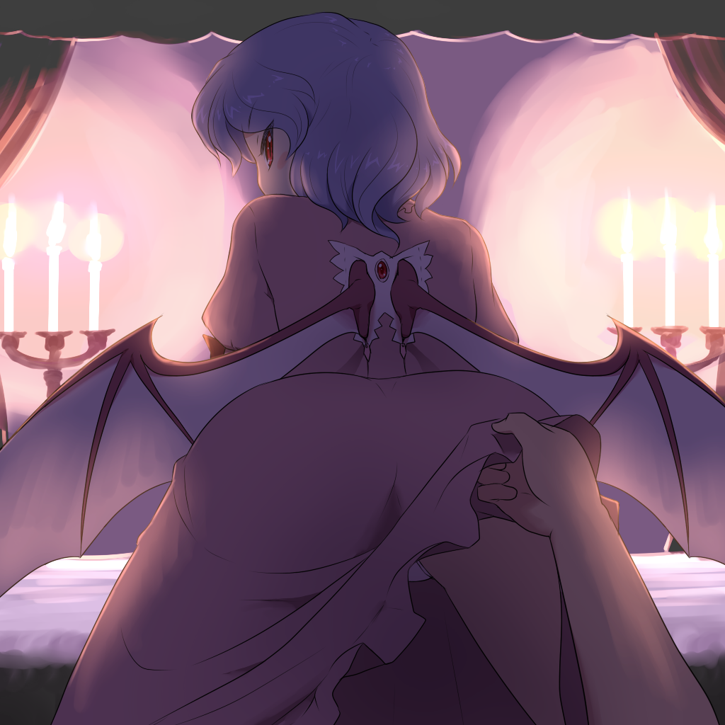1girl bat_wings bent_over blue_hair candlestand canopy_bed dress dress_lift looking_at_viewer looking_back panties pantyshot pantyshot_(standing) pink_dress pink_panties pov_hands red_eyes remilia_scarlet shirosato standing touhou underwear wings