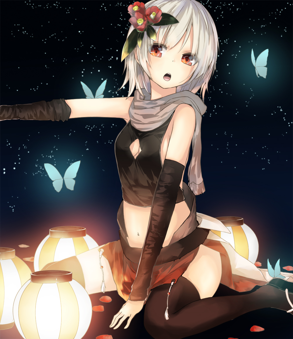 1girl black_legwear breasts brown_eyes butterfly cleavage elbow_pads flower flower_on_head hair_ornament la-na lampion looking_at_viewer navel open_mouth original scarf short_hair silver_hair sitting sky star_(sky) starry_sky thigh-highs zettai_ryouiki