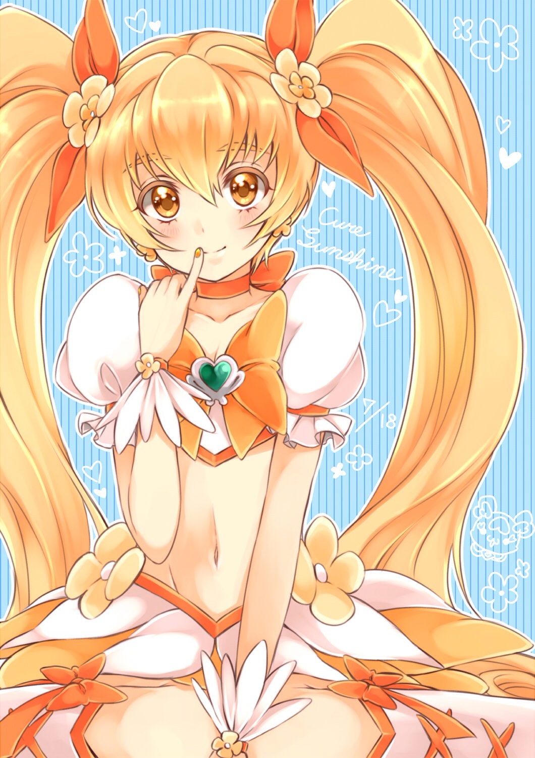 1girl blonde_hair blue_background blush character_name choker cure_sunshine dated hair_ribbon heart heartcatch_precure! highres long_hair looking_at_viewer magical_girl midriff myoudouin_itsuki navel potpourri_(heartcatch_precure!) precure ribbon sikuhima skirt smile solo twintails vertical-striped_background wrist_cuffs yellow_eyes