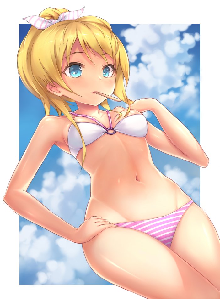1girl ayase_eli bikini blonde_hair blue_eyes breasts long_hair love_live!_school_idol_project parfaitlate ponytail popsicle solo striped striped_bikini striped_swimsuit swimsuit