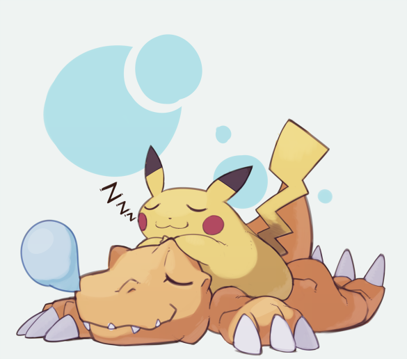 agumon closed_eyes digimon hajime_(hajime-ill-1st) no_humans pikachu pokemon pokemon_(creature) simple_background sleeping zzz