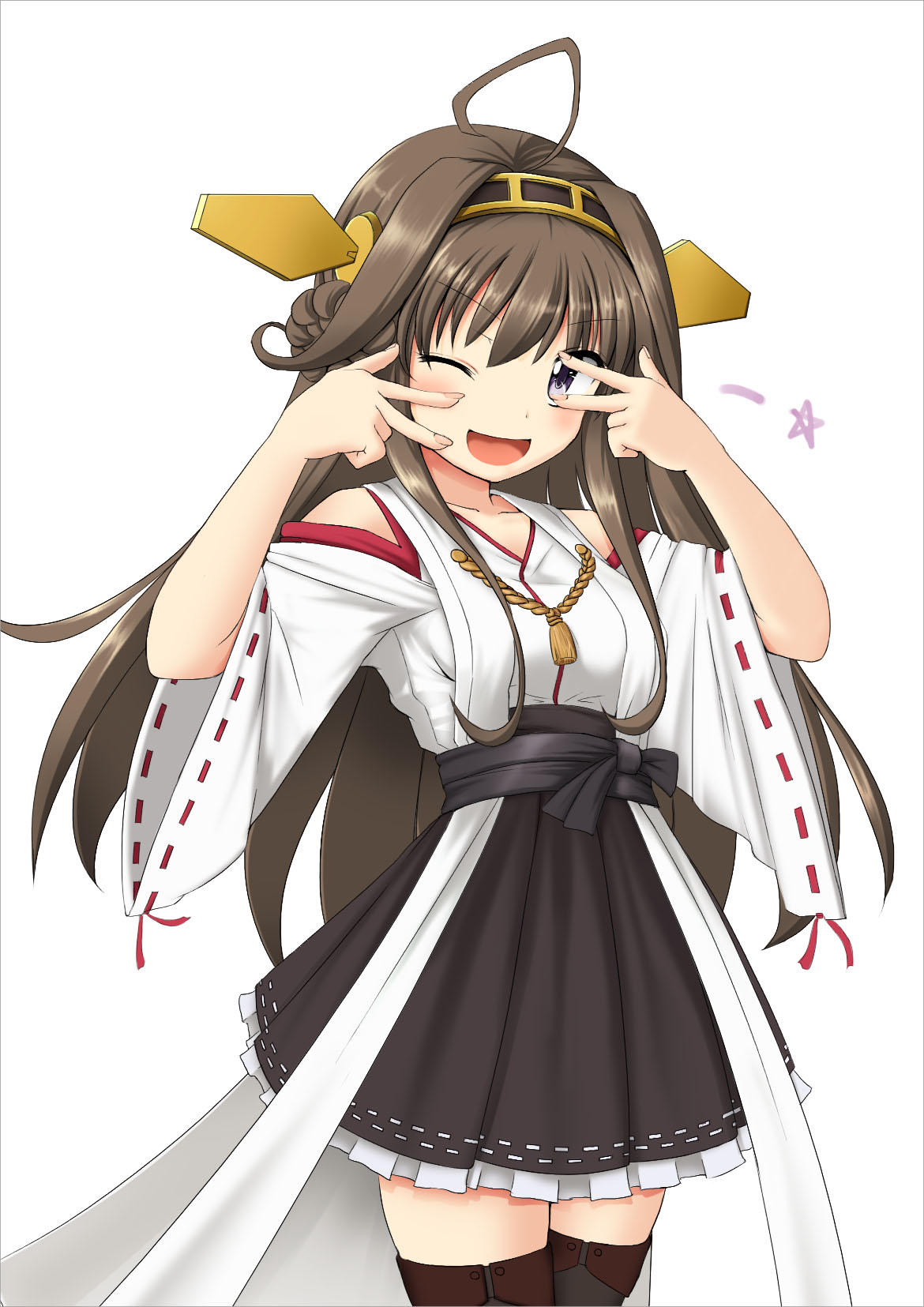 1girl ;d ahoge basa_rotan_(cyan0114) black_legwear brown_hair detached_sleeves double_v hair_bun hair_ornament hairband highres kantai_collection kongou_(kantai_collection) long_hair looking_at_viewer nontraditional_miko one_eye_closed open_mouth pleated_skirt simple_background skirt smile solo thigh-highs v violet_eyes white_background zettai_ryouiki