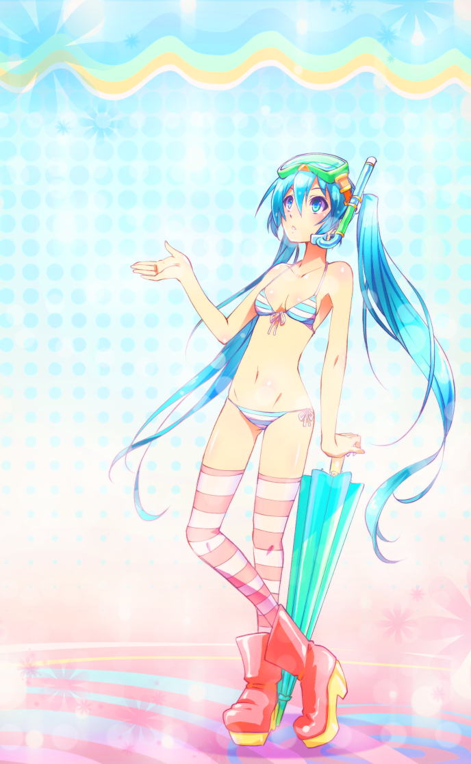 1girl bikini blue_eyes blue_hair boots hatsune_miku long_hair manmaru_tamago side-tie_bikini snorkel solo striped striped_bikini striped_legwear striped_swimsuit swimsuit thigh-highs twintails umbrella very_long_hair vocaloid