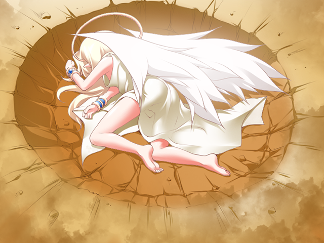 1girl angel_wings artist_request ass barefoot blonde_hair child dragon_ball dragon_ball_z feathers feet ilias jewelry long_hair lying mon-musu_quest! mon-musu_quest:_paradox on_ground parody payot solo tiara wings yamcha_pose younger