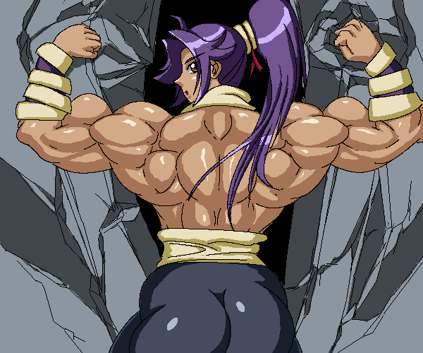 1girl ass back bleach brown_eyes flexing muscle ponytail pose purple_hair ren_(tainca2000) ribbon shihouin_yoruichi