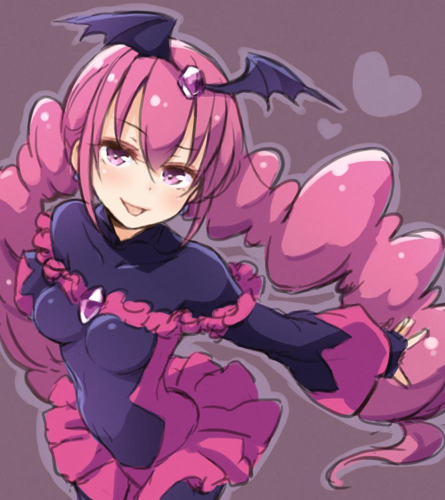 1girl bad_end_happy bad_end_precure bat_wings bodysuit breasts hair_ornament long_hair low_twintails pink_eyes pink_hair precure ruffled_skirt smile smile_precure! solo standing tight tokunou_shoutarou twintails violet_eyes wings
