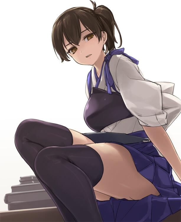 1girl brown_eyes brown_hair japanese_clothes kaga_(kantai_collection) kantai_collection legs rokuwata_tomoe short_hair side_ponytail simple_background sitting solo thigh-highs white_background