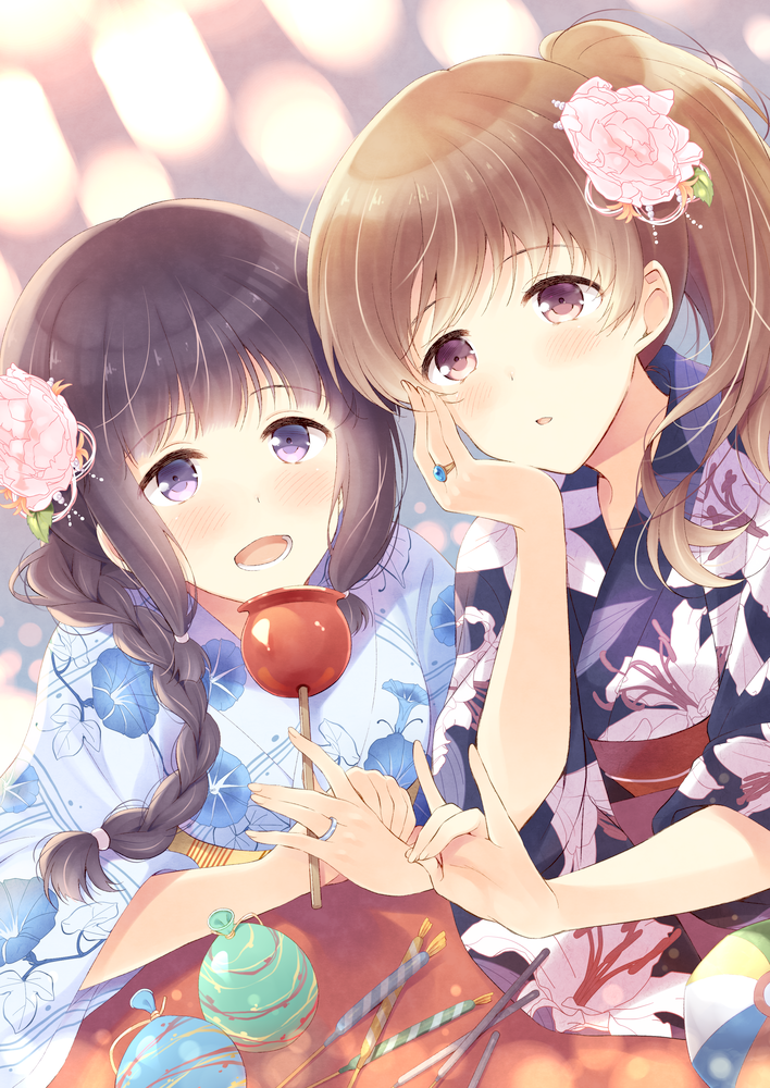 2girls alternate_costume alternate_hairstyle bangs black_hair blunt_bangs braid brown_eyes brown_hair candy_apple flower hair_flower hair_ornament japanese_clothes jewelry kantai_collection kitakami_(kantai_collection) komi_zumiko long_hair multiple_girls ooi_(kantai_collection) open_mouth ring side_ponytail smile