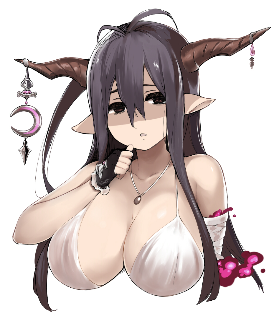 1girl antenna_hair bandages blush breasts danua fingerless_gloves gloves granblue_fantasy hair_between_eyes horn_ornament horns huge_breasts jewelry long_hair moru_(monaka) necklace pointy_ears red_eyes shaded_face solo upper_body