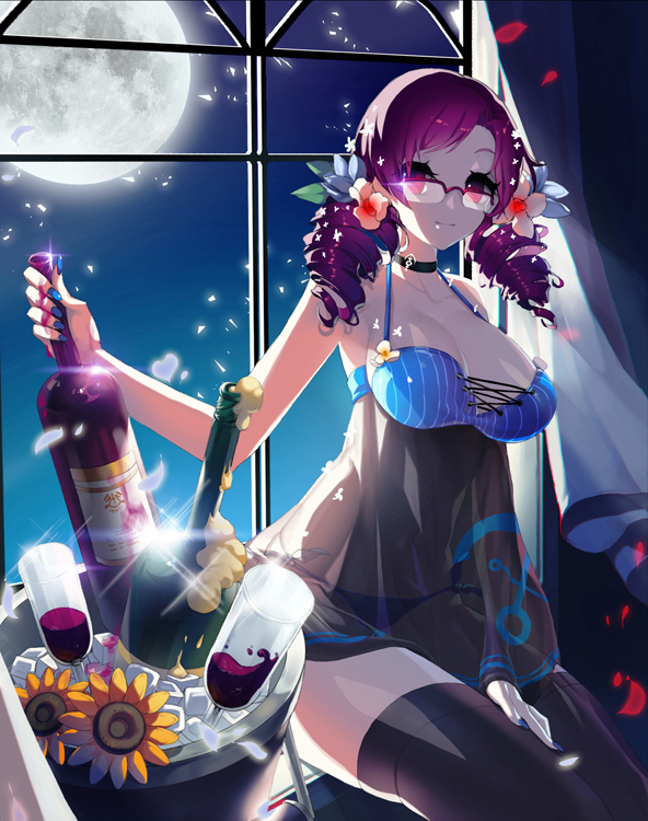 1girl alcohol babydoll bare_shoulders bottle breasts bucket cup curtains drill_hair flower glasses ice ice_cube lingerie moon nightgown panties red_eyes redhead see-through solo sword_girls thigh-highs twin_drills underwear vernika_answer window wine wine_bottle wine_glass yamijam