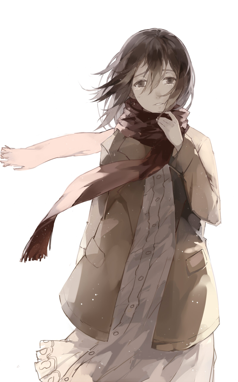 1girl brown_eyes brown_hair coat crying crying_with_eyes_open highres looking_at_viewer mikasa_ackerman nine_(liuyuhao1992) parted_lips scarf shingeki_no_kyojin short_hair solo tears wind