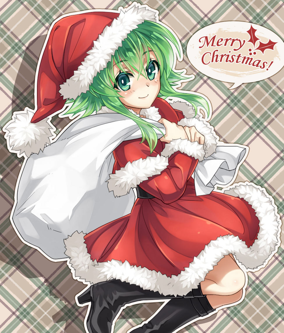 1girl carrying_over_shoulder chroma000 green_eyes green_hair gumi hat looking_at_viewer santa_costume santa_hat short_hair smile solo vocaloid