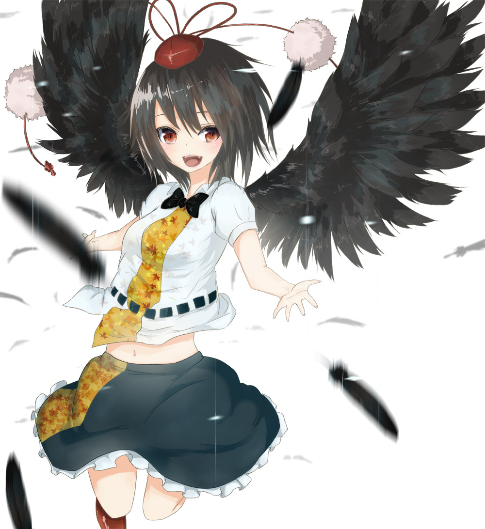 1girl :d black_hair black_wings blurry depth_of_field feathered_wings feathers hat la-na looking_at_viewer navel open_mouth outstretched_arms pom_pom_(clothes) red_eyes shameimaru_aya short_hair smile solo spread_arms tokin_hat touhou wings