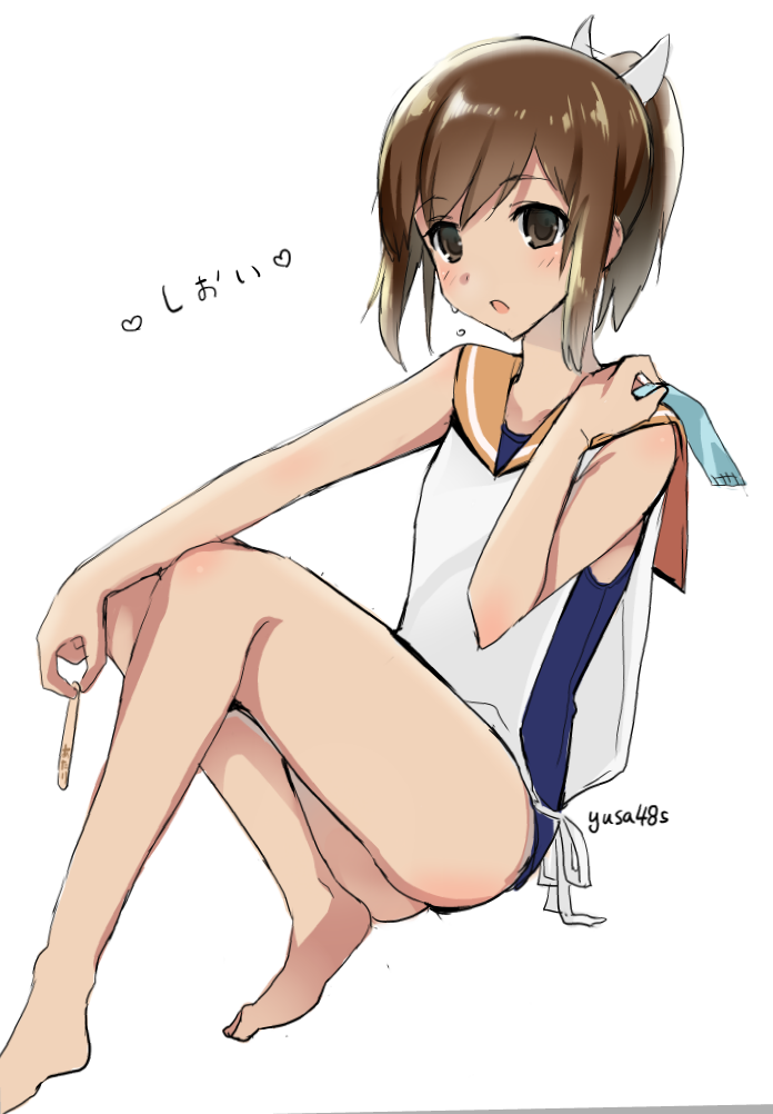 1girl bare_shoulders blush brown_eyes brown_hair i-401_(kantai_collection) kantai_collection one-piece_swimsuit open_mouth ponytail popsicle_stick sailor_collar school_swimsuit school_uniform short_hair short_ponytail sitting solo swimsuit tan udk wrapper