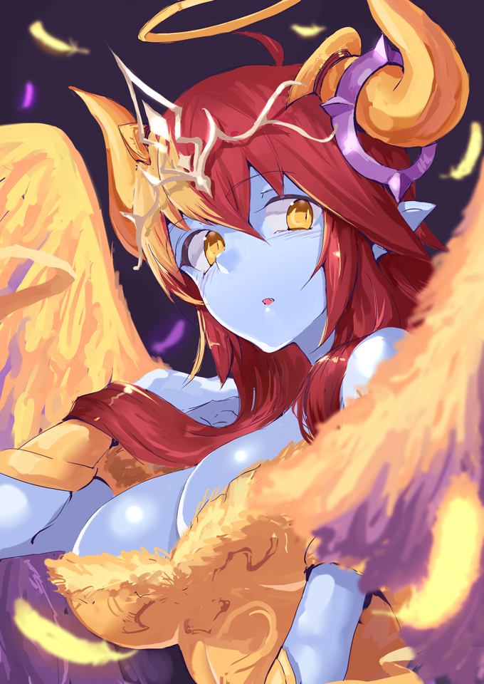 1girl ahoge bare_shoulders blue_skin breasts bust cleavage demon_girl demon_horns dress feathered_wings feathers fur_trim halo hand_in_hair hera-sowilo_(p&amp;d) hera_(p&amp;d) horn_ring horns jyon long_hair looking_away multicolored_hair off_shoulder open_mouth orange_hair pointy_ears purple_background puzzle_&amp;_dragons redhead slit_pupils solo tiara two-tone_hair wings yellow_dress yellow_eyes