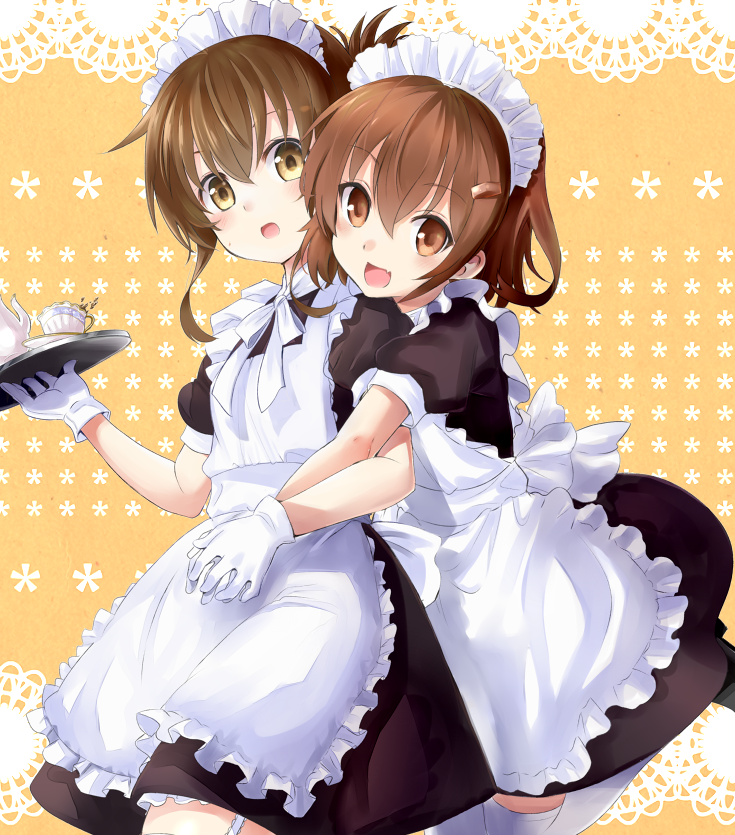 2girls alternate_costume apron brown_eyes brown_hair cup enmaided fang garter_straps gloves hair_ornament hairclip hug hug_from_behind ikazuchi_(kantai_collection) inazuma_(kantai_collection) kantai_collection maid maid_apron maid_headdress multiple_girls natsupa open_mouth teacup teapot thigh-highs tray white_gloves white_legwear yellow_eyes