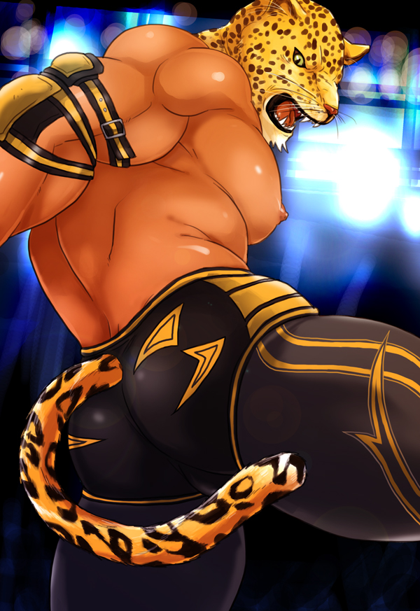 1boy animal_head bara elbow_pads jaguar king_(tekken) muscle shirtless solo spandex sugo6969 tail tekken whiskers wrestling_outfit