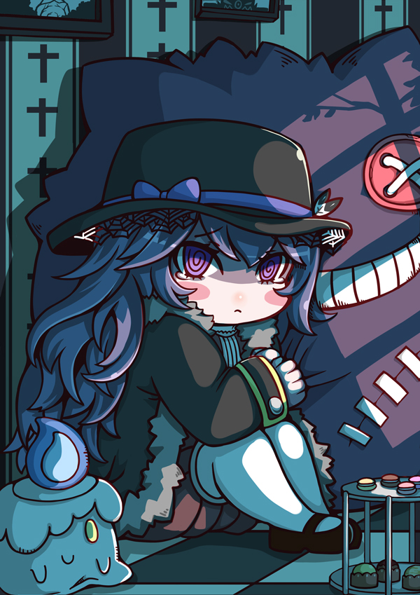 1girl @_@ bow character_doll feathers gengar hat hat_bow hex_maniac_(pokemon) litwick long_hair looking_at_viewer pokemon pokemon_(creature) purple_hair sitting skirt spider_web tonta violet_eyes