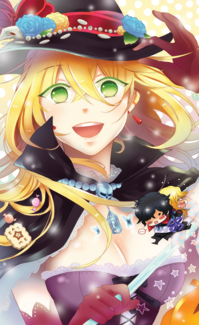1girl 2boys ada_vessalius black_hair blonde_hair bow breasts brothers candy chibi dbgml120 dress flower formal gilbert_nightray green_eyes hair_ribbon hat jewelry long_hair multiple_boys open_mouth pandora_hearts polka_dot polka_dot_background ribbon shaded_face siblings skull smile tied_up vincent_nightray witch_hat
