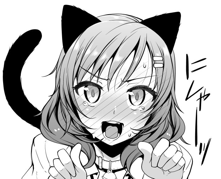 1girl akino_sora animal_ears animal_pose bell blush cat_ears cat_tail collar embarrassed full-face_blush hair_ornament hairclip looking_at_viewer love_live!_school_idol_project monochrome nishikino_maki short_hair solo tail tears