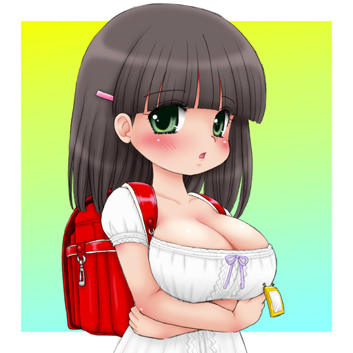 1girl alicepowder backpack bag black_hair blush breasts bust cleavage green_eyes hair_ornament large_breasts open_mouth oppai_loli original randoseru solo