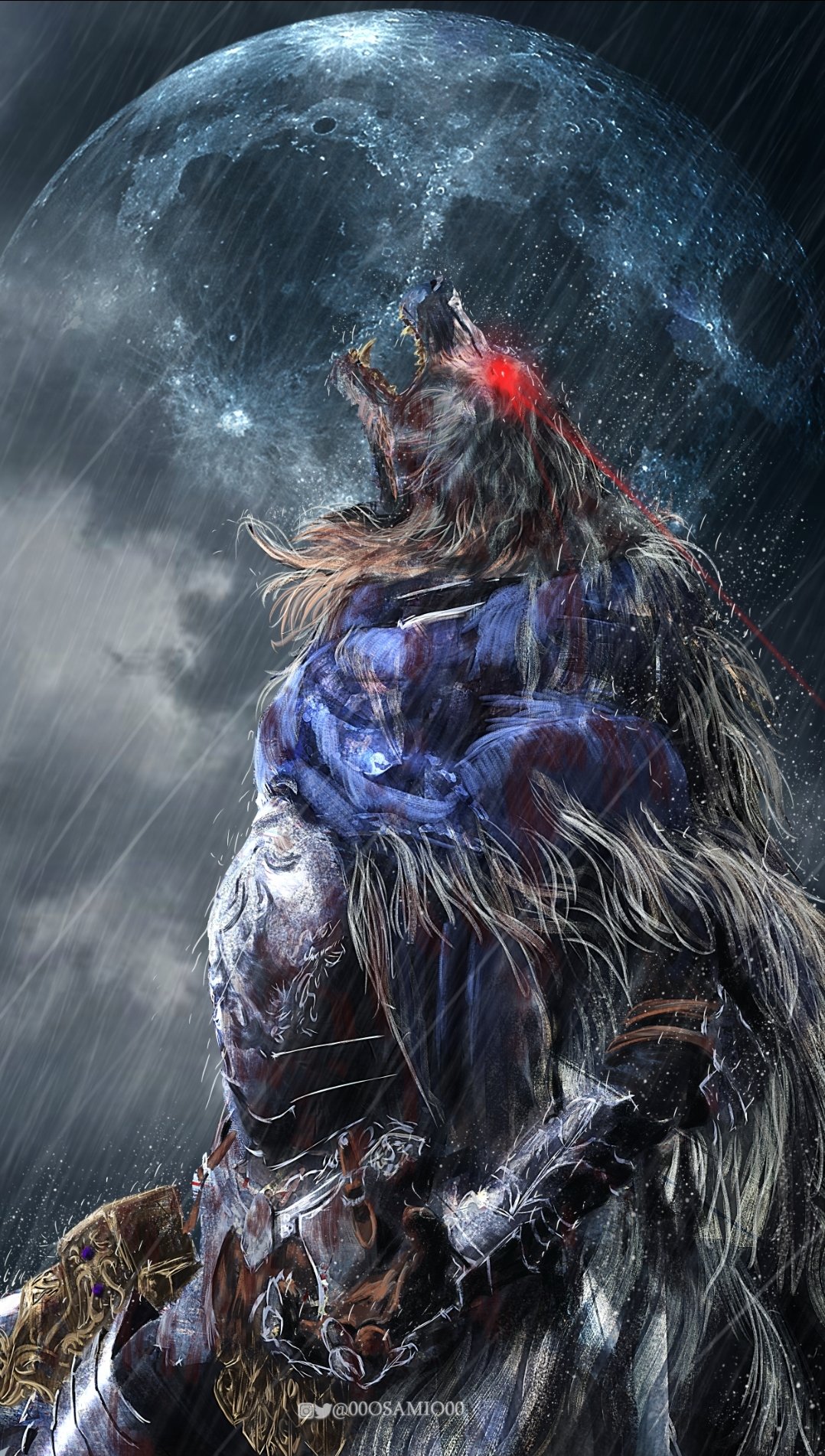 00osamio00 1boy armor artist_name blaidd_the_half-wolf blue_scarf cape clouds cloudy_sky elden_ring full_moon fur_cape fur_trim glowing glowing_eyes highres holding holding_weapon instagram_username moon rain red_eyes roaring scarf sky solo sword sword_hilt twitter_username weapon wolf_boy