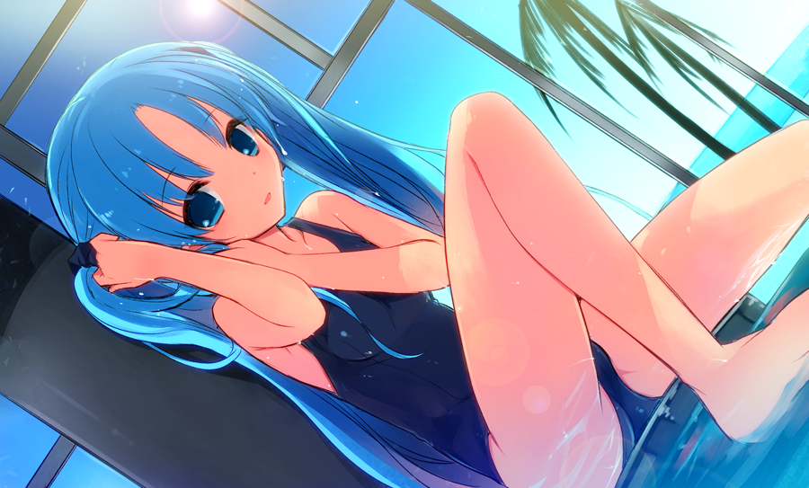 1girl adjusting_hair blue_hair dutch_angle kamiyoshi long_hair one-piece_swimsuit original solo swimsuit water wet_hair