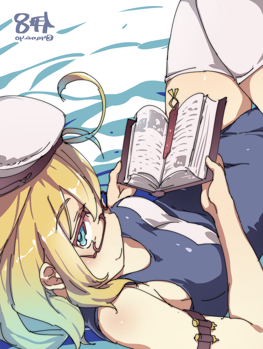 aqua_eyes blonde_hair book breasts character_name glasses hat highres i-8_(kantai_collection) kantai_collection long_hair reversed school_swimsuit super_zombie swimsuit thigh-highs twitter_username white_legwear