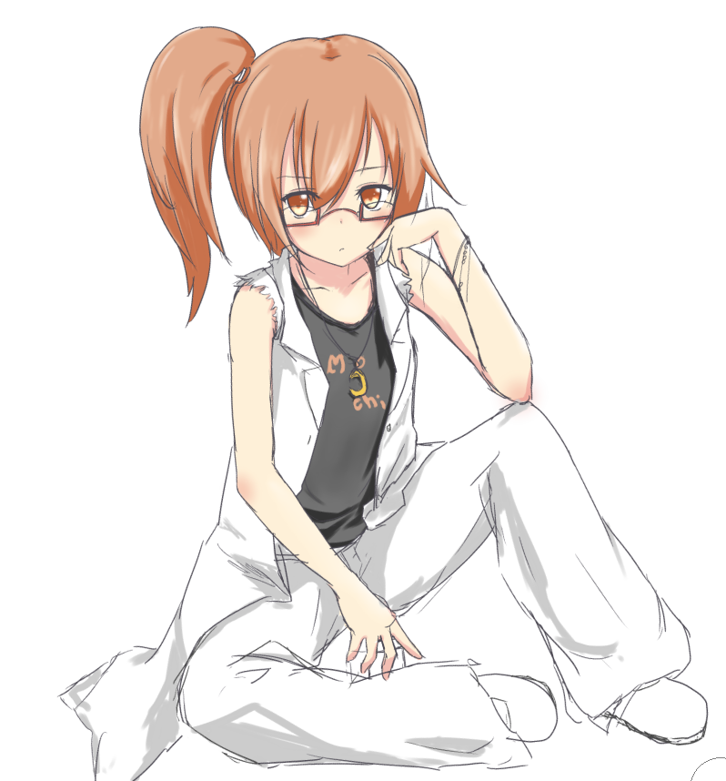 1girl alternate_costume alternate_hairstyle bare_shoulders bracelet character_name coat collarbone crescent_moon full_body glasses hand_on_own_face jewelry kantai_collection kotowa_ruko mochizuki_(kantai_collection) moon necklace orange_eyes orange_hair pants ponytail red_glasses semi-rimless_glasses shoes side_ponytail simple_background sitting solo tank_top torn_clothes torn_sleeves under-rim_glasses white_background white_pants white_shoes