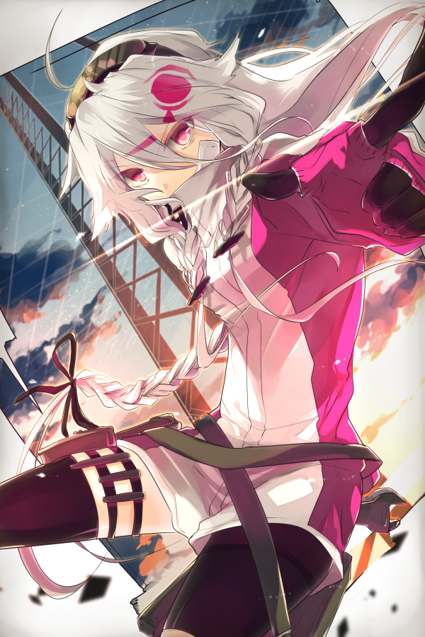 1girl ahoge blurry braid depth_of_field goggles goggles_on_head hair_ornament ia_(vocaloid) kazutake_hazano long_hair pink_eyes pointing pointing_at_viewer silver_hair solo twin_braids vocaloid