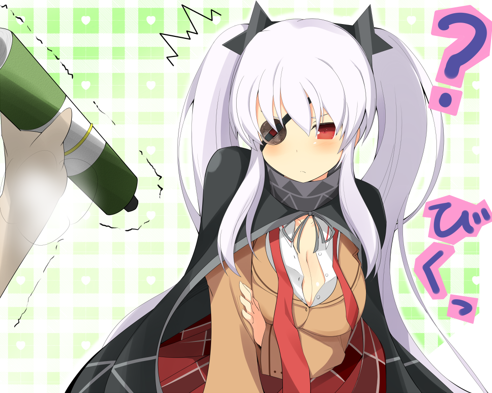 1girl ? blush breasts cape cleavage eyepatch kyuchan red_eyes senran_kagura senran_kagura_(series) skirt solo twintails white_hair yagyuu_(senran_kagura)