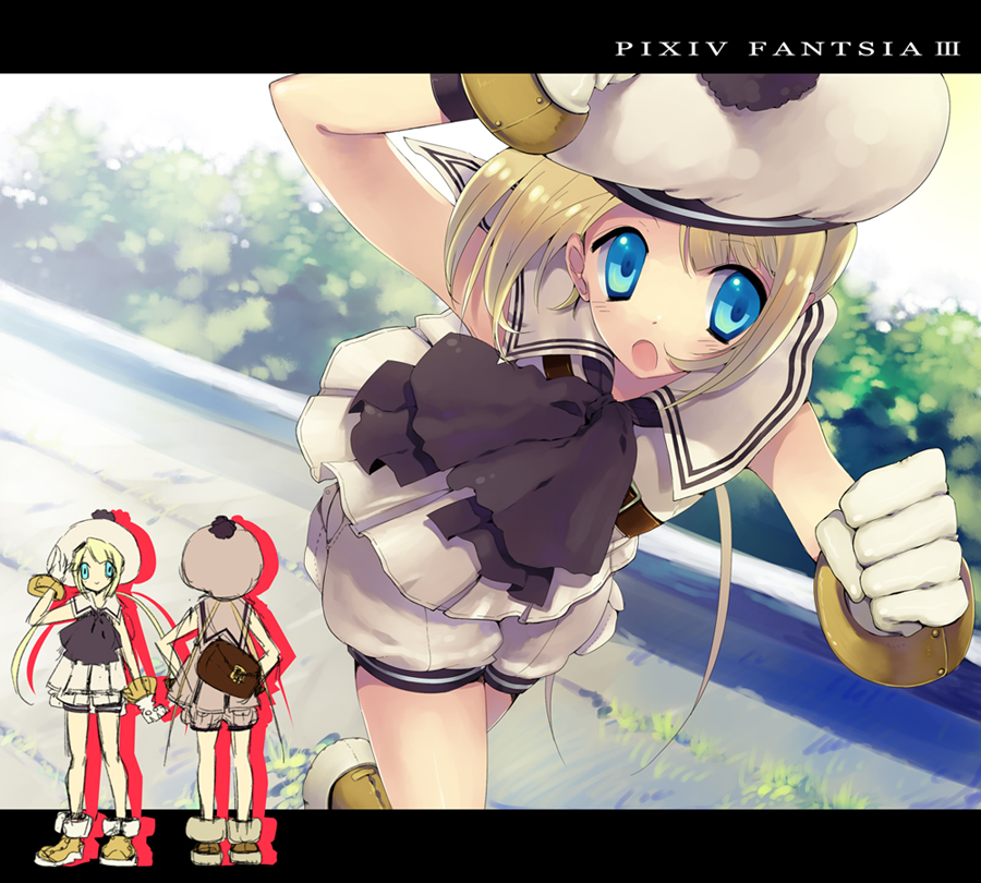 1girl blonde_hair blue_eyes clenched_hand gloves hand_on_headwear hat long_hair open_mouth pixiv_fantasia pixiv_fantasia_3 rugo running solo tagme twintails white_gloves