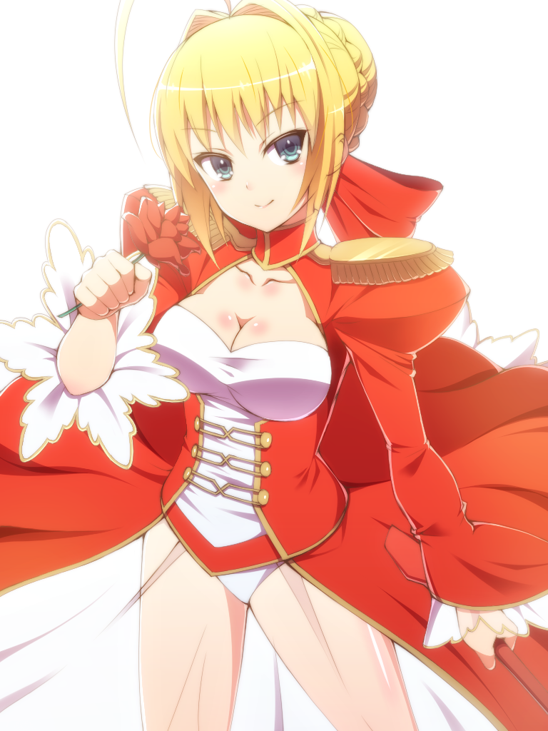 1girl ahoge blonde_hair blue_eyes breasts dress fate/extra fate_(series) flower leotard ookami_maito red_dress saber_extra see-through solo